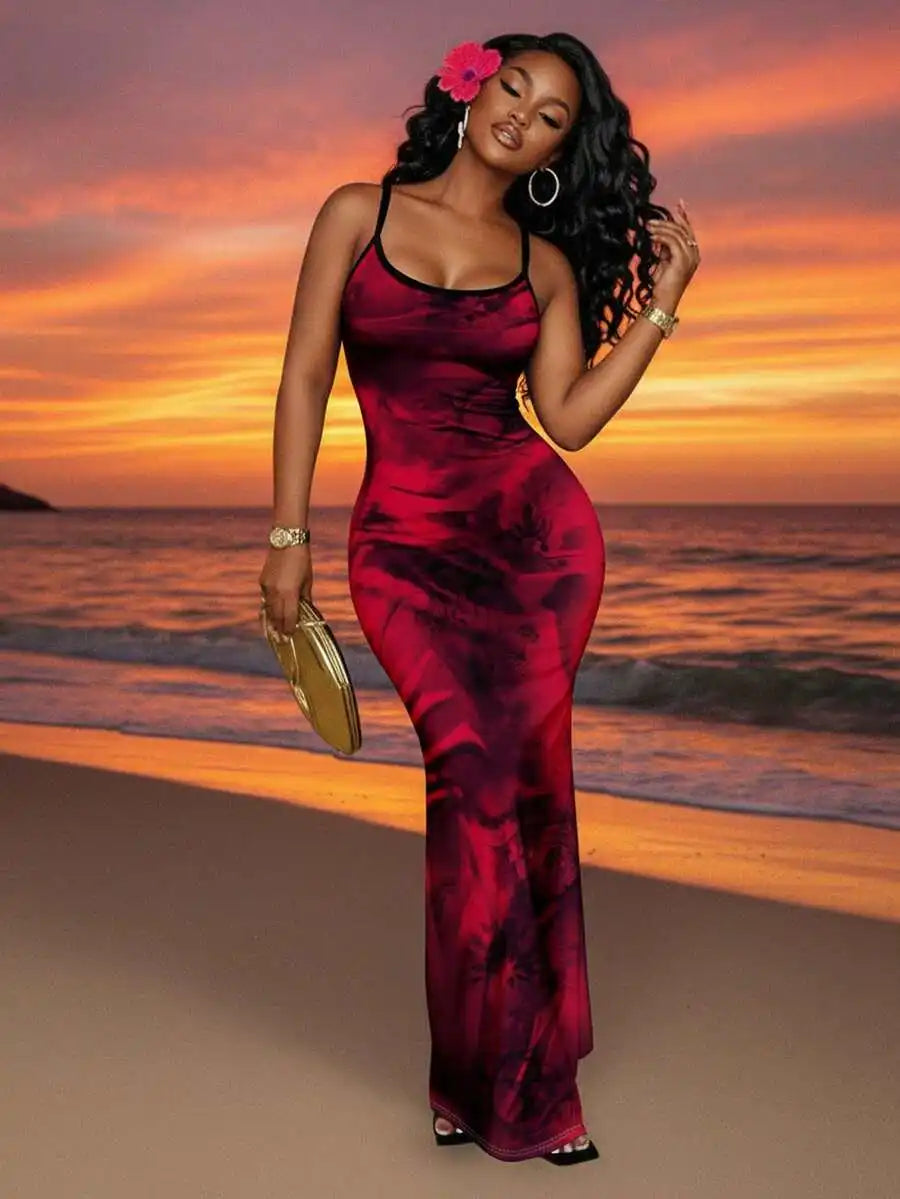 Womens Floral Print Elegant Waist Cinched Long Strap Dress For Party,Summer Dresses For Women