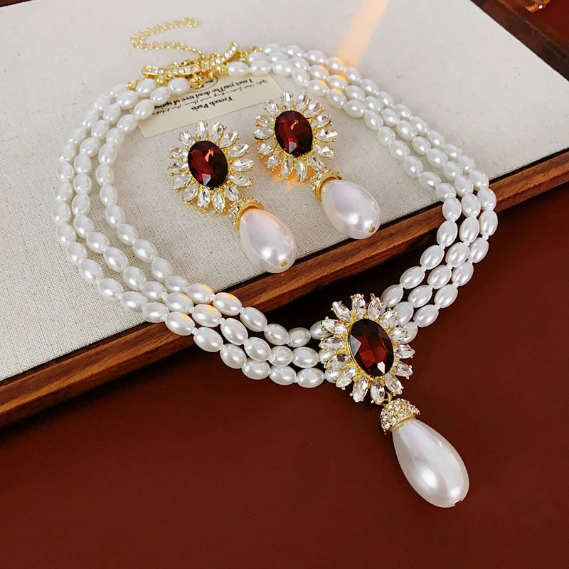 Flower Inlaid Rhinestone Drop Pearl Necklace Earring Set French Style Clavicle Chain Light Luxury Jewelry Sets for Women