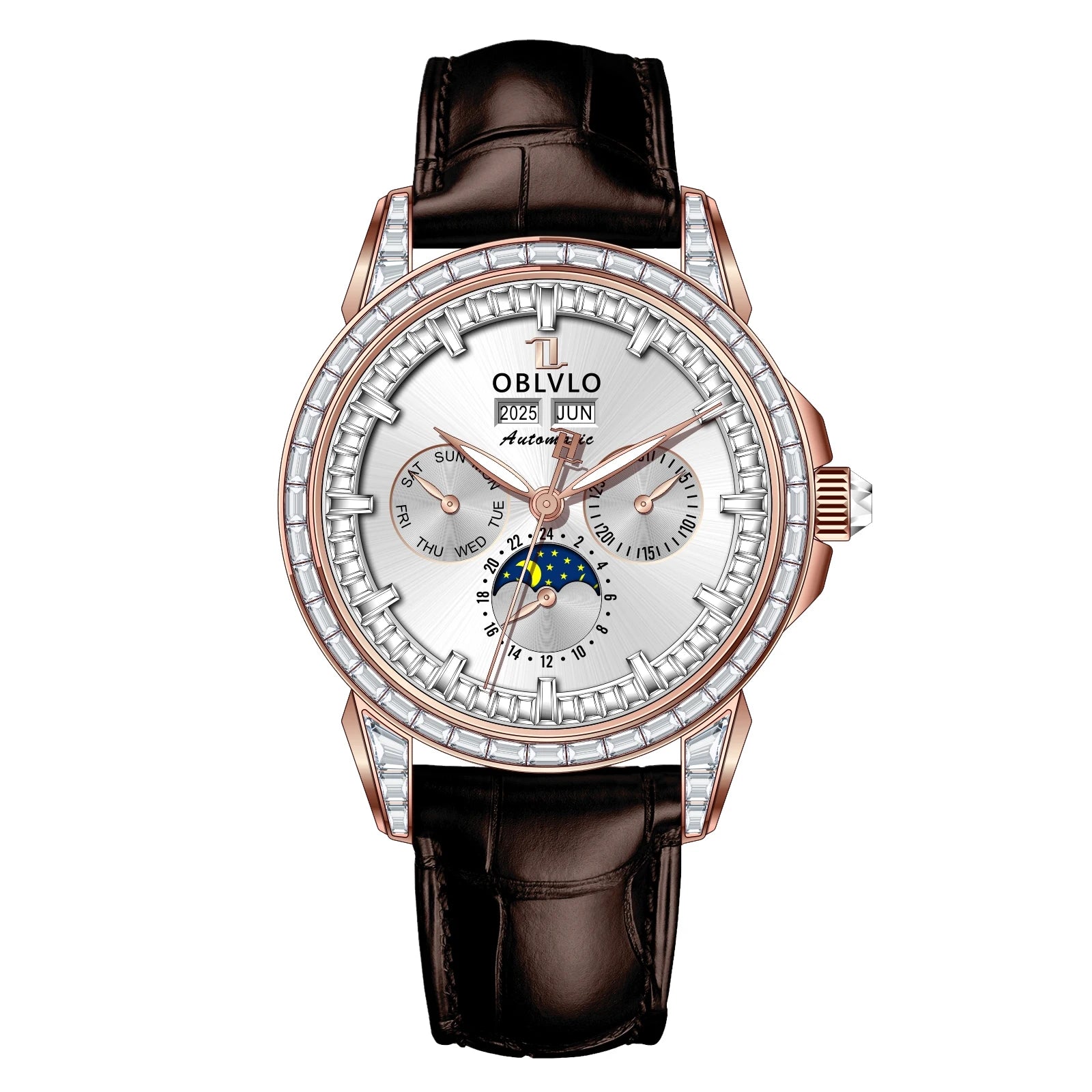 OBLVLO Men's Fashion Automatic Watch Colorful Zircon Moonphase Mechanical Multifunctional Black Leather Strap Timepiece...