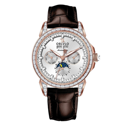 OBLVLO Men's Fashion Automatic Watch Colorful Zircon Moonphase Mechanical Multifunctional Black Leather Strap Timepiece...