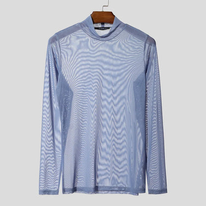 INCERUN Men T Shirt Mesh Long Sleeve See Through Turtleneck Male Tee Tops Sexy Streetwear Fashion Casual Men Clothing Solid - Kimlud