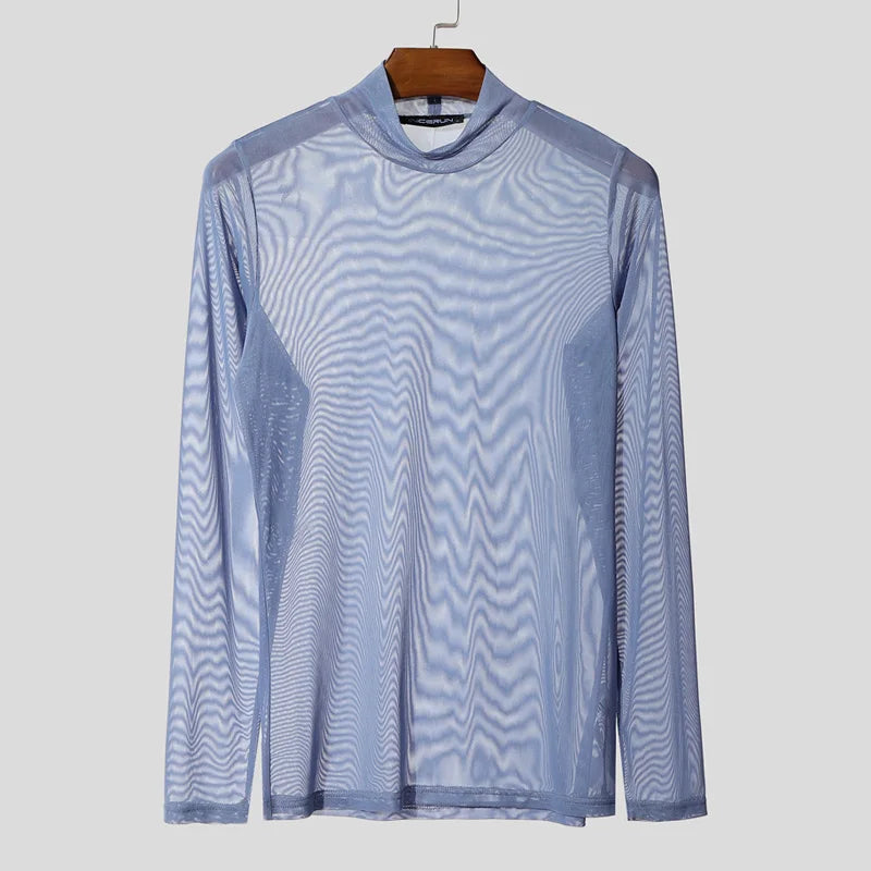 INCERUN Men T Shirt Mesh Long Sleeve See Through Turtleneck Male Tee Tops Sexy Streetwear Fashion Casual Men Clothing Solid - Kimlud