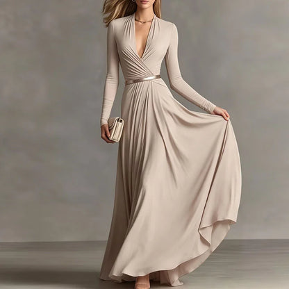 Elegant Sexy Deep V Neck Slim Maxi Dress Women Long Sleeve Ruched Waist Formal Gown Spring Casual Solid Sashes Boho Long Dresses
