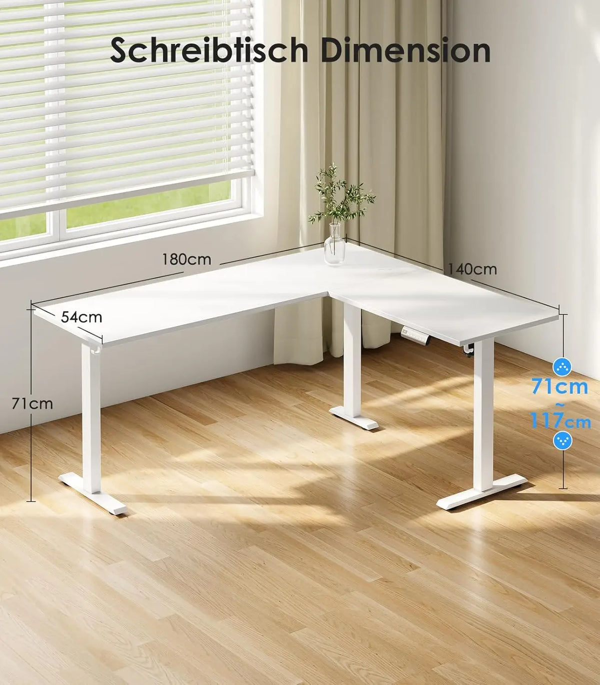 OffiGo L-Shaped Height Adjustable desk 180x140 cm desk Height Adjustable Electric White | Kimlud Office Luxury Desk