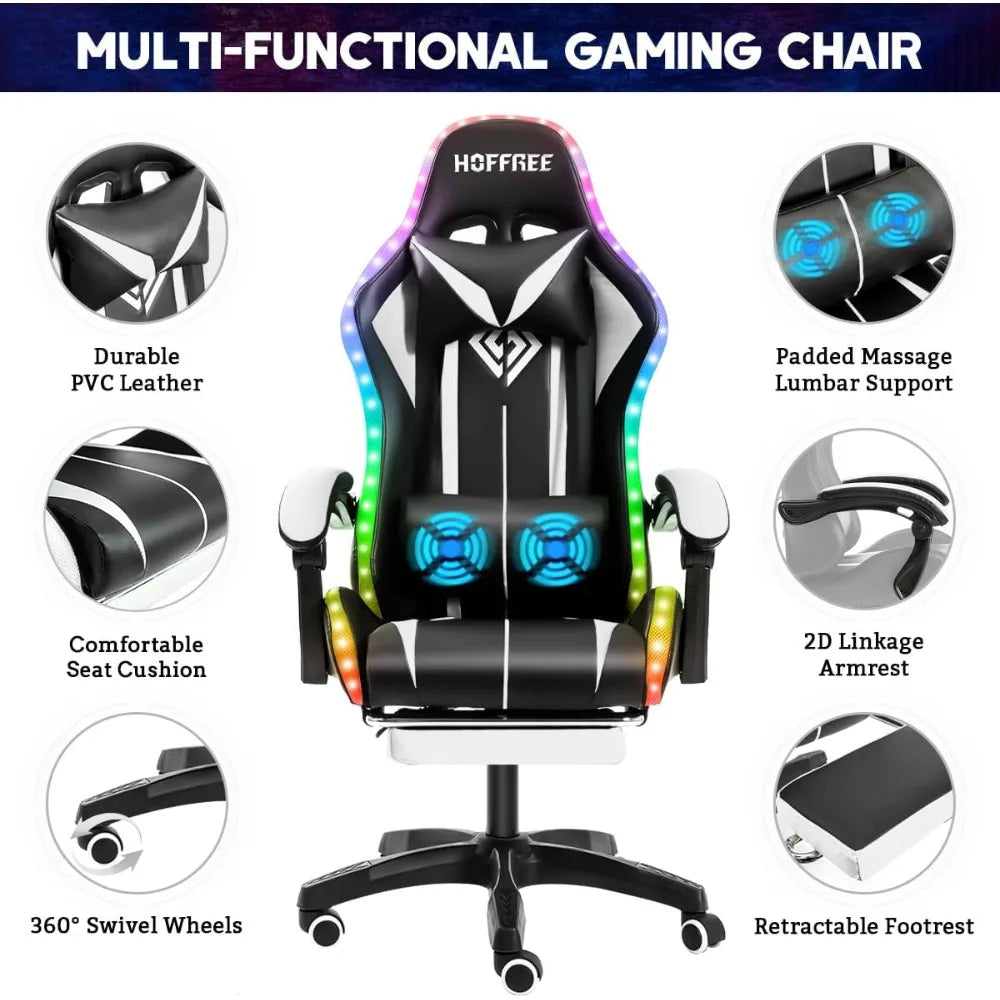 Ergonomic High Back Gaming Chair with LED RGB Lights, Massage, and Adjustable Footrest for Comfortable Video Gaming Experience