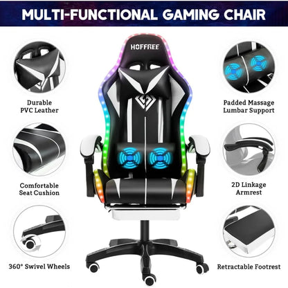 Ergonomic High Back Gaming Chair with LED RGB Lights, Massage, and Adjustable Footrest for Comfortable Video Gaming Experience