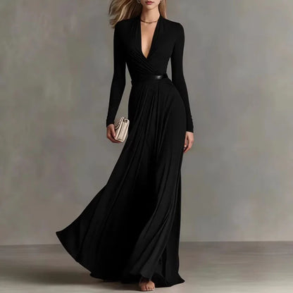 Elegant Sexy Deep V Neck Slim Maxi Dress Women Long Sleeve Ruched Waist Formal Gown Spring Casual Solid Sashes Boho Long Dresses