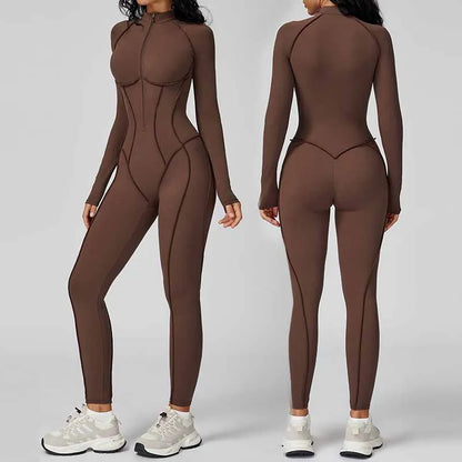Yoga Bodysuit Long Sleeved Women's Tracksuits Gym Zipper Jumpsuits Sports Workout High-intensity Fitness One-piece Tights Suit - Kimlud