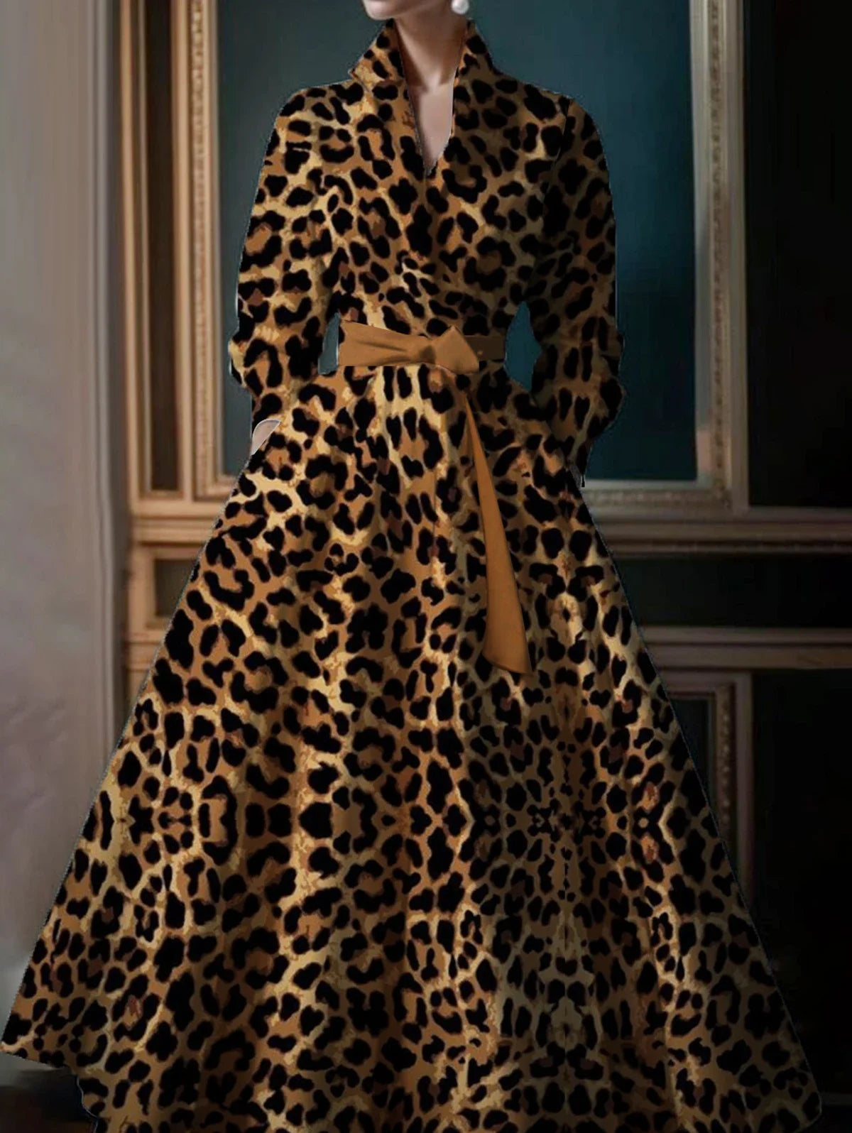 Leopard Print Long Sleeve Maxi Dress Women Stand Collar Boho Pocket Dress Party Guest Outfits for Spring Summer Evening Events