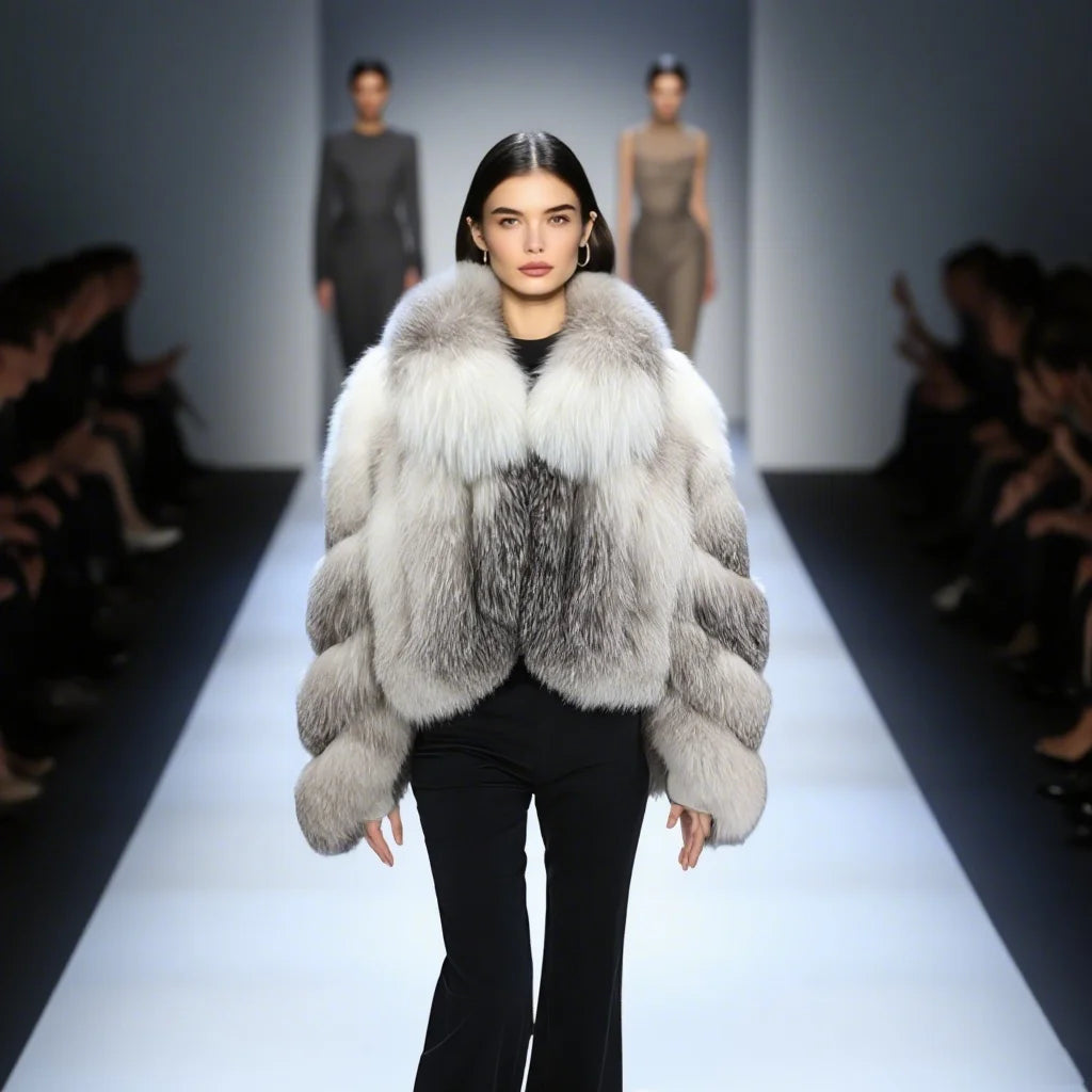 Women Genuine Natural Golden Island Fox Fur Coat with fox fur collar For Winter Fashion Short Jacket