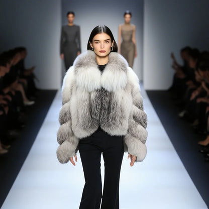 Women Genuine Natural Golden Island Fox Fur Coat with fox fur collar For Winter Fashion Short Jacket