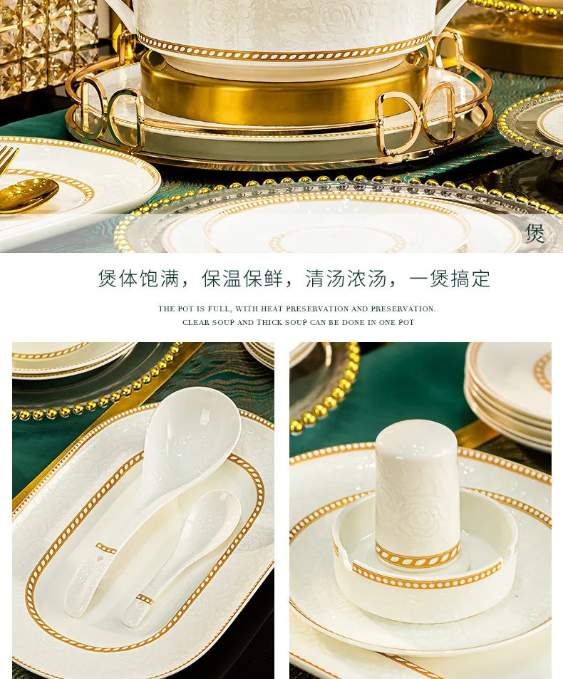 2025 New Jingdezhen Dishes Tableware Free Combination Household High-grade Bone China Tableware Housewarming Relief Rose
