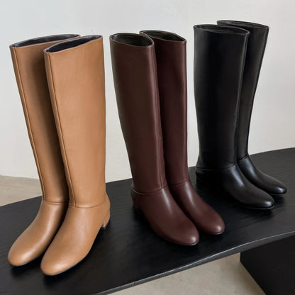 Women's genuine leather round toe slip-on flats autumn knee high boots casual female soft comfortable knight boots shoes woman