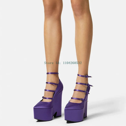 Platform Thick Heel Bucke Strap Pumps Sexy Pointed Toe Patent Leather New Arrivlas Fashion Women Modern Runway Shoes