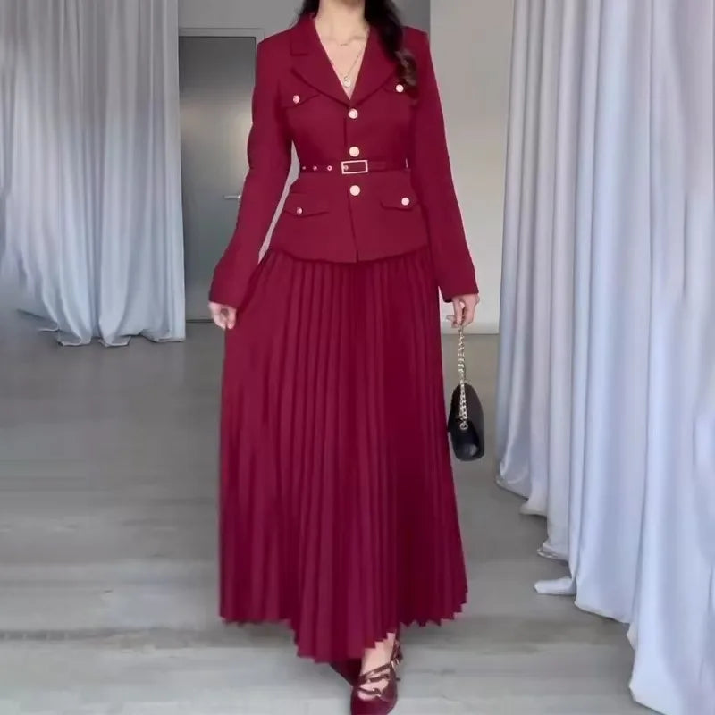 Elegant Women Two Pieces Set Single-breasted Lapel Jacket Coat Belt Pleated Midi Skirt Suit 2025 office Lady New In Matching Set