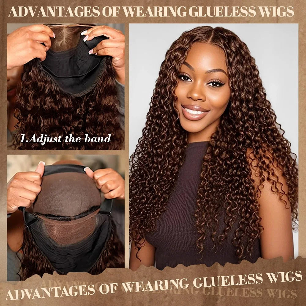 Chocolate Brown Deep Wave Glueless Wigs Human Hair Ready To Wear Pre-Cut Lace Wig 5x5 Wear Go Glueless Human Hair Wigs...