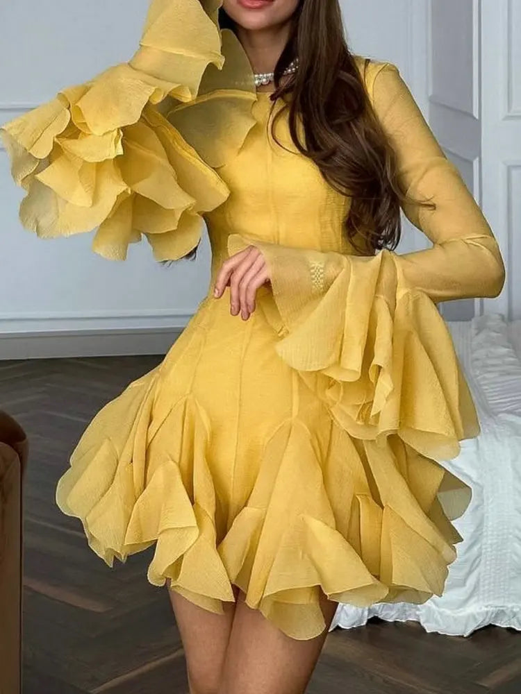 2026 Summer Women's Elegant Multi-Layered Ruffled Hem Mini Dresses Lady Sweet French Style Long Flare Sleeve Slim Fit Puffy Robe - Kimlud