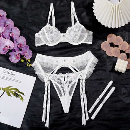 Ellolace Romantic Lingerie Sexy Women Beautiful Boudoir Bra Belt Thong 3PC Set Pure See Through Dot Embroidery Wedding Underwear