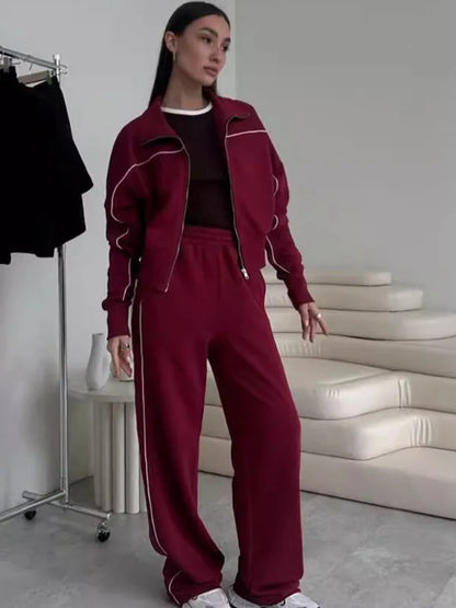 Women's Autumn Casual Long Sleeve Zipper Hoodie Jacket Striped Elastic Pants Set Fashionable Two-Piece Suit Comfortable Wear - Kimlud