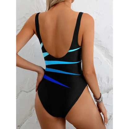2026 Summer Sexy Backless Slim Triangle One Piece Swimsuit Women's Fashion Contrast Color Striped Sports Swimwear with Chest Pad - Kimlud