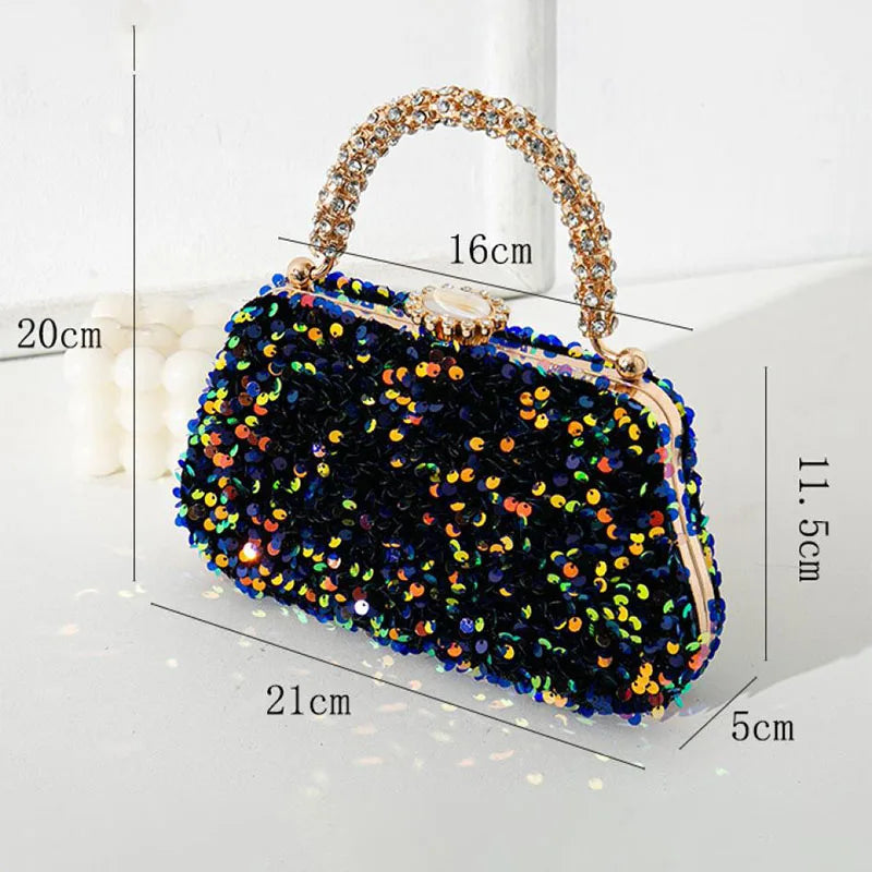Luxury Women Shiny Sequins Evening Handbag Crystal Diamond Clutches Purse with Rhinestone Top Handle Lady Shoulder Messenger Bag - Kimlud