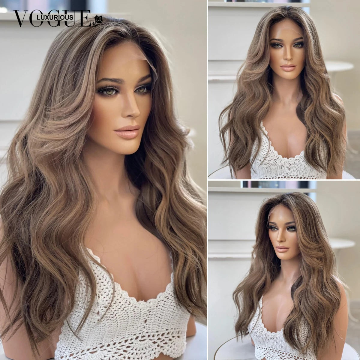 LUX VOGUE Brown Diamond Sheen Balayage Color 100% Virgin Hair Wig 260% Density Beachy Waves  13x6 Upgrade Nude Color Lace Wig