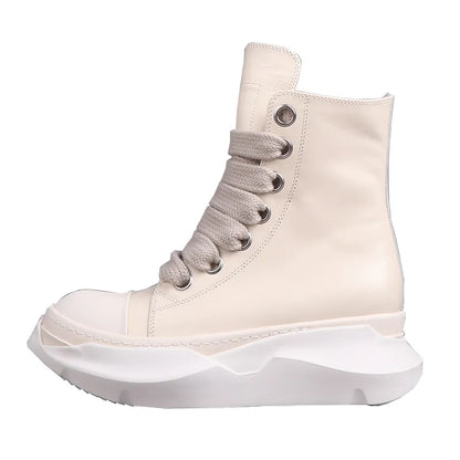 Men High Top Boots Casual Women Platform Heels Sneakers Leather Luxury Thick Lace Up Zip Autumn Black White Shoes