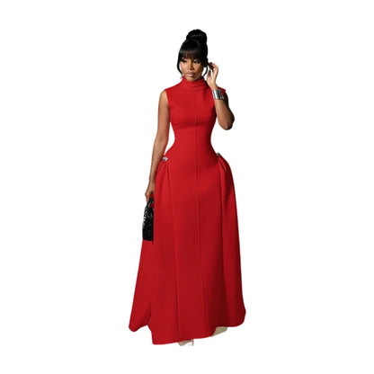 Women High Neck Sleeveless Fitted Floor Length Maxi Dress With Side Flared Detail For Formal Gala Wedding And Evening...
