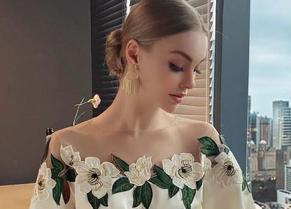 Vintage Embroidered Shirt Elegant Mesh Patchwork Satin Blouse O-neck Tops Spring Autumn Long Lantern Sleeve Women Clothes 24976