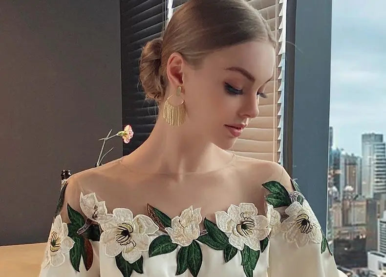 Vintage Embroidered Shirt Elegant Mesh Patchwork Satin Blouse O-neck Tops Spring Autumn Long Lantern Sleeve Women Clothes 24976