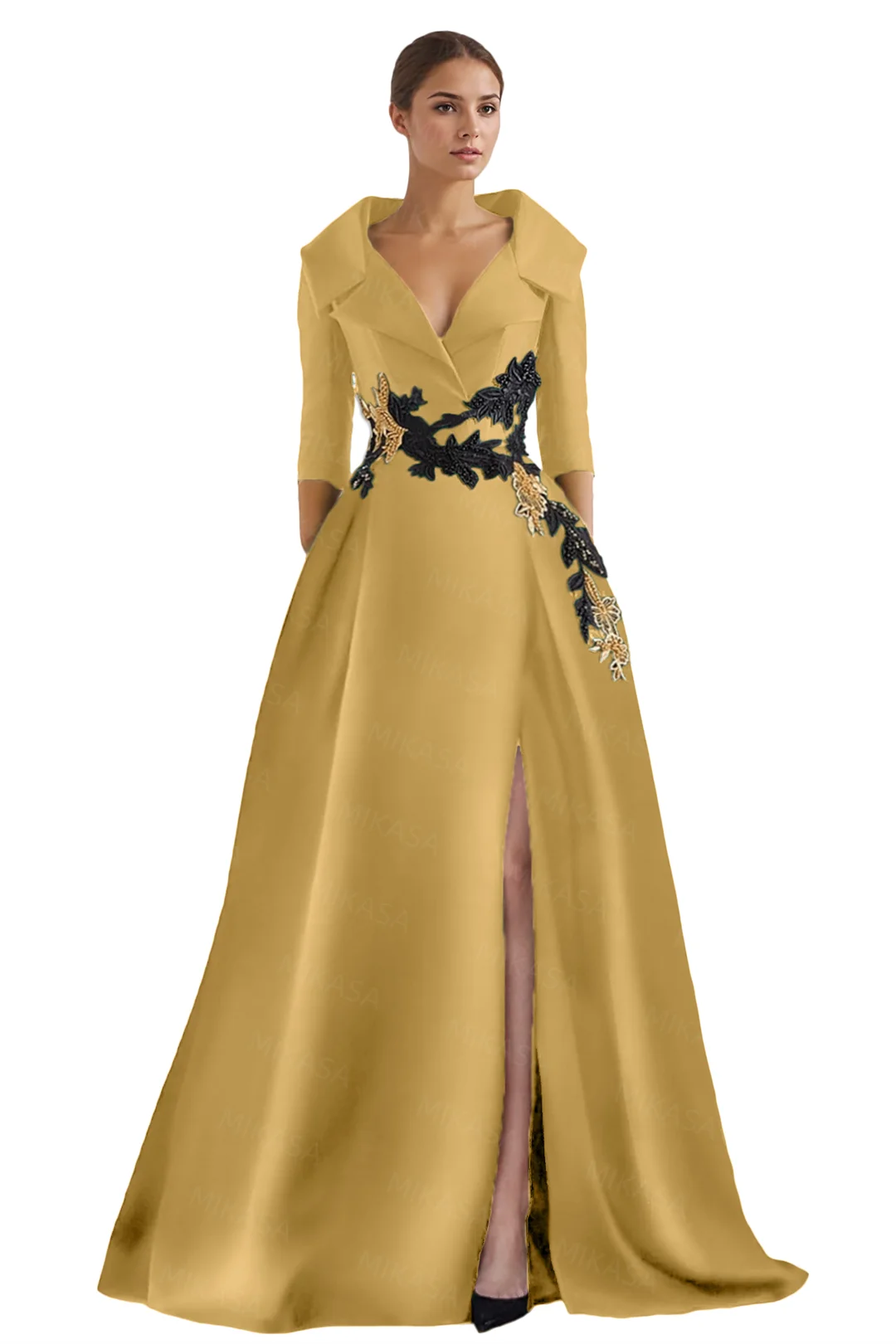 Classic Satin Evening Dresses For Women Wedding Party Guest V-neck Three Quarter A-line Side Slit Elegant Prom vestidos de gala