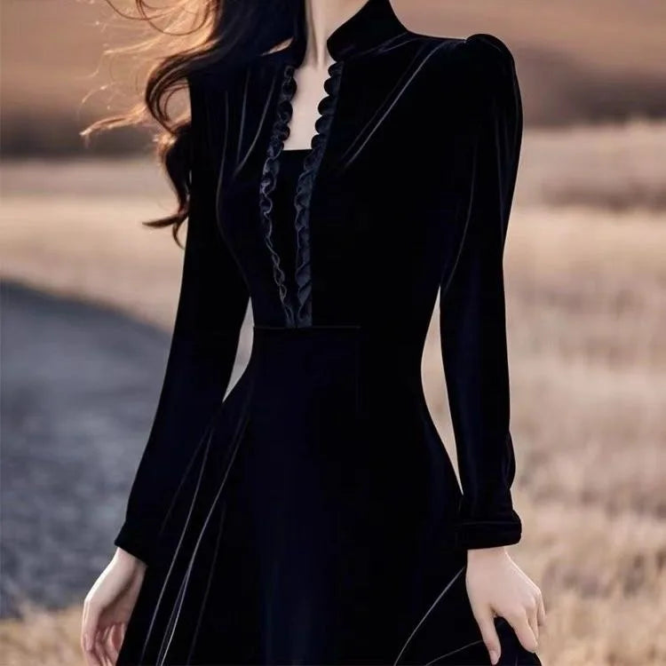 Elegant Black Velvet Dress Formal Occasion Heir to a Rich Family Luxury Feel Hepburn Style Stand Collar Long Sleeve Midi...