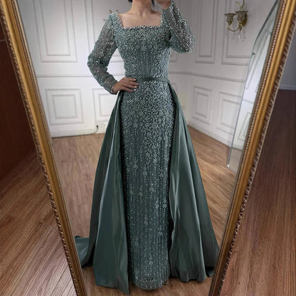 Serene Hill Customized Arabic Caramel Mermaid With Overskirt Beaded Evening Dresses Luxury Gowns For Formal Occasion...