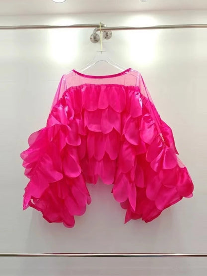 Women Blouse Light Luxury Summer Shirt For Lady Round Neck Full Sleeves Spliced Flounced Edge Mesh Irregular Hem Loose Tops Tide