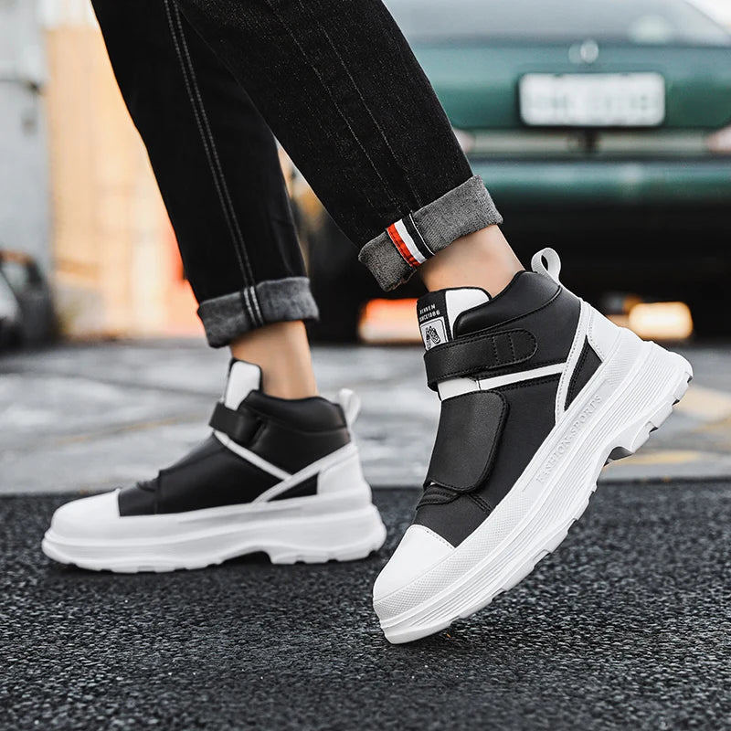 Autumn Men Casual Sneakers Leather Chunky Platform High-top Shoes Ankle Boots Magic Tape Sneakers Male Breathable Sport...