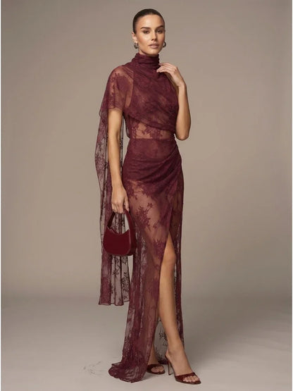 Sexy Backless High Neck See Through Lace Ruched Long Dress Women Burgundy Sleeveless Draped Slim Dresses Evening Maxi Party Gow