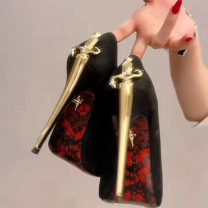 2026 Early New High Heels Women's Fine Heels Pointed Metal Swords Sexy Queen Black Lacquer Leather Single Shoes | Kimlud...