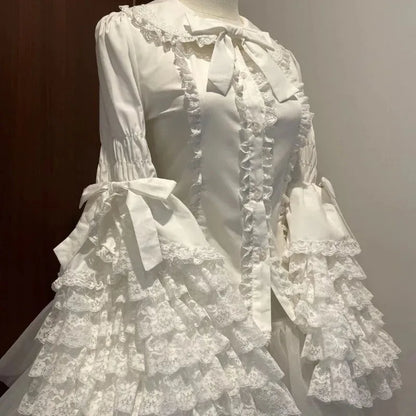 Lolita Lace Blouse Shirt Sweet Women Graduate Cute Ruffle Kawaii Tops Layer Bell Flare Sleeve Princess Doll Collar With Bow
