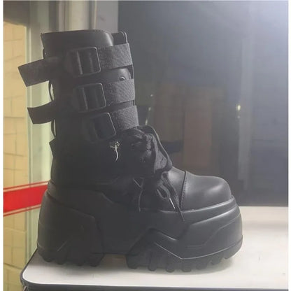 Women Ankle Booties Autumn Leather Chunky Shoes Woman High Platform Breathable Sneakers 9CM Thick Sole Wedges Motorcycles Boots