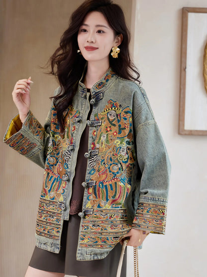 Women Distressed Denim Jacket Heavy Embroidery Lucky Chinese Style 2026 Spring Loose Casual Jean Coat