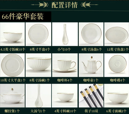Bowl and dish set bone china tableware set bowl Jingdezhen light luxury simple hand drawn gold ceramic bowl and chopsticks plate - Kimlud