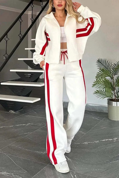 Autumn Winter Women's New Hoodie Suit Y2K Striped Zipper Loose Fit Jacket Outwear And High Waist Side-striped Pants Sports Sets - Kimlud