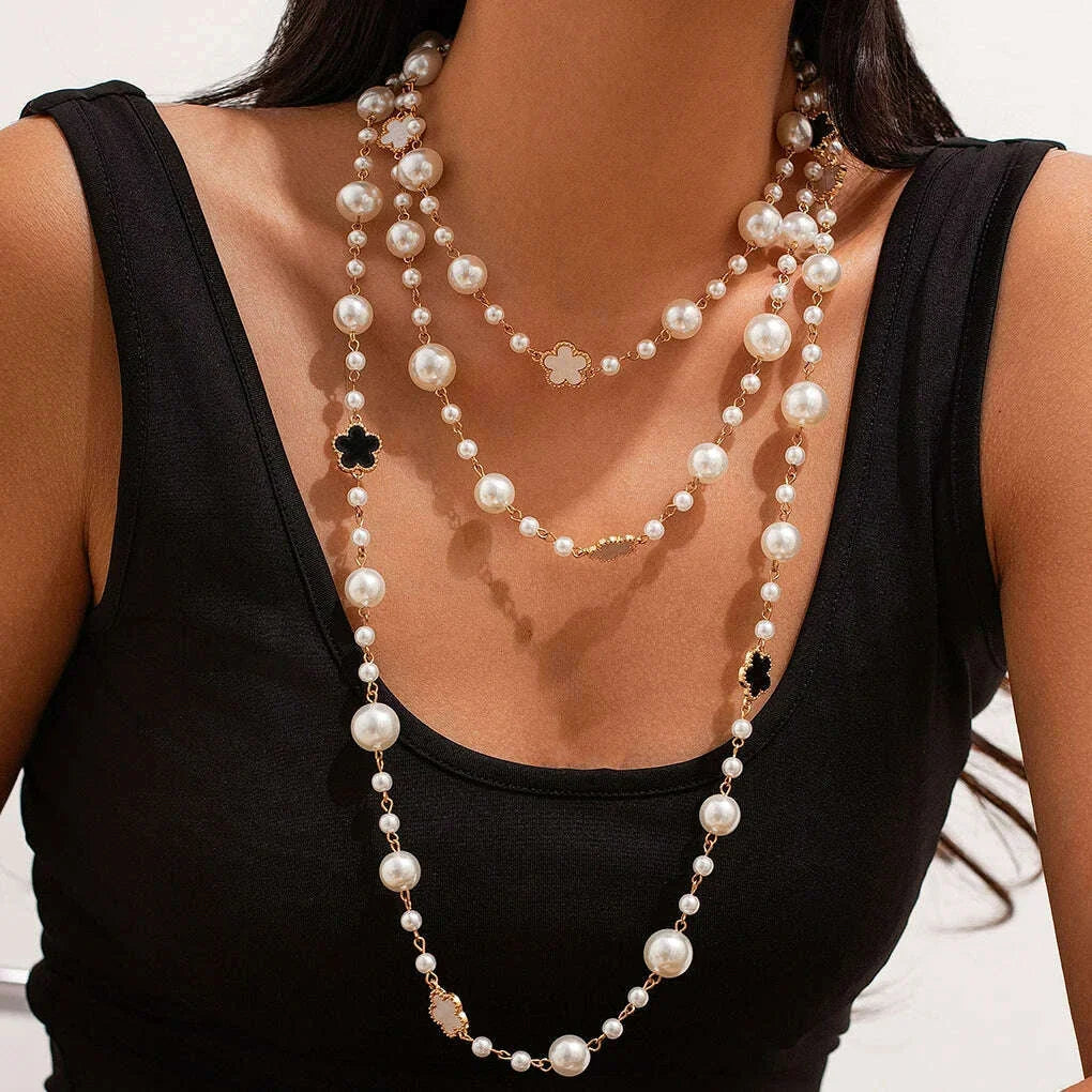 Ingemark Elegant Multilayer Imitation Pearl Choker Necklace for Women Flower Adjustable Long Chain Y2K Jewelry Wed Accessories