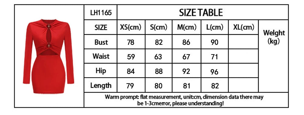 Sexy Long Sleeve O Neck Metal Buckle Ruched Mini Dress Women Red Cut Out Folds Bodycon Dresses Elegant Evening Party Club Gowns