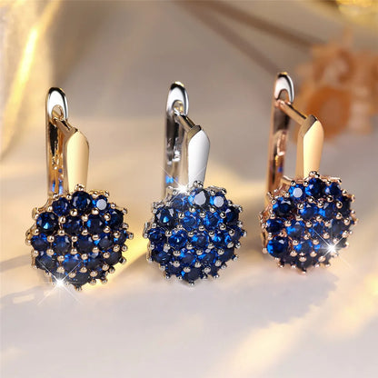 Cute Sunflower Blue Crystal Round Zircon Hoop Earrings For Women Rose Gold Silver Color Wedding Flower Jewelry...