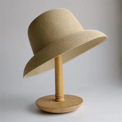New Summer Sun Hats Ladies Solid Plain Elegant Wide Brim Hat Female Round Top Panama Floppy Straw Beach Hat Women |...