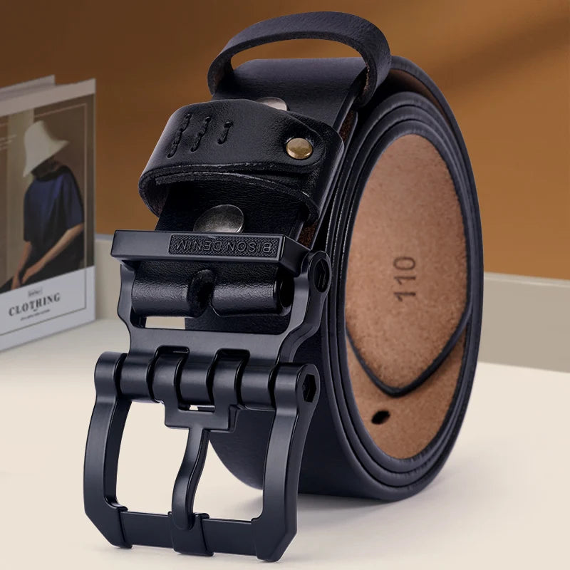 BISON DENIM Belts for Men Pin Buckle Cowhide Belt with High Quality Vintage Strap Casual All-Match Outfits Men's Jeans Belt - Kimlud