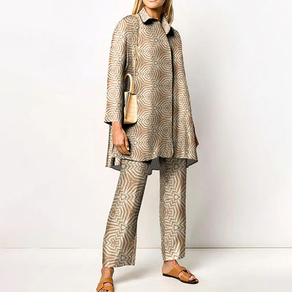 Autumn New Loose Vintage Printed Pant Sets Women Long Sleeve Shirts And Wide Legs Trousers Two Piece Set 2025 Fashion Streetwear