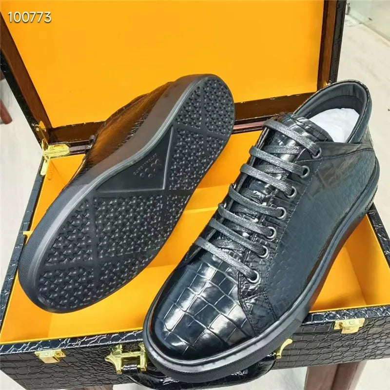 Authentic Exotic Crocodile Skin All-match Men's Black High Top Board Shoes Genuine Alligator Leather Male Lace-up Walking Flats