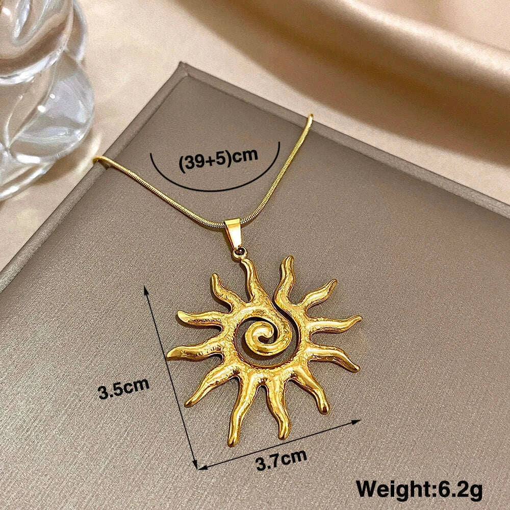 Flashbuy Vintage Chic Sun Shaped Pendant Stainless Steel Necklace Statement Golden Fashion Jewlery Gift